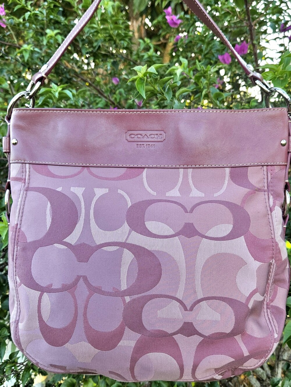 Coach F14710 Large Zoe Pink Optic Signature Shoulder Bag Y2K 2 Straps